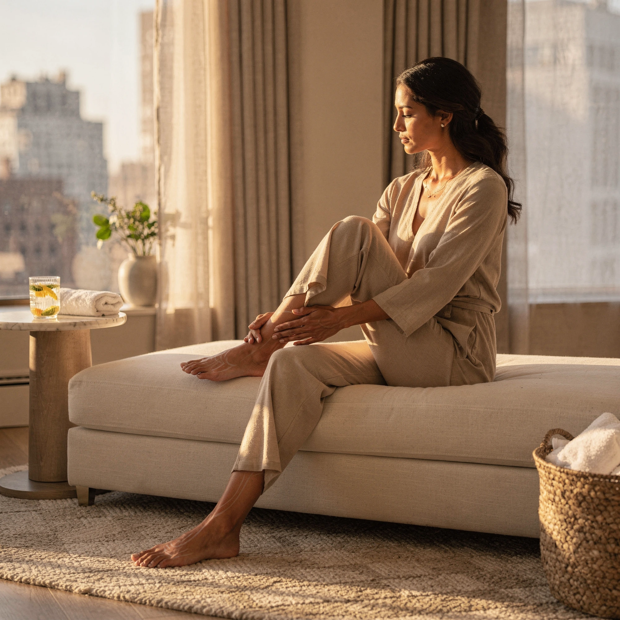 Woman sitting on a couch massaging her foot, with a city skyline visible through floor-to-ceiling windows behind her